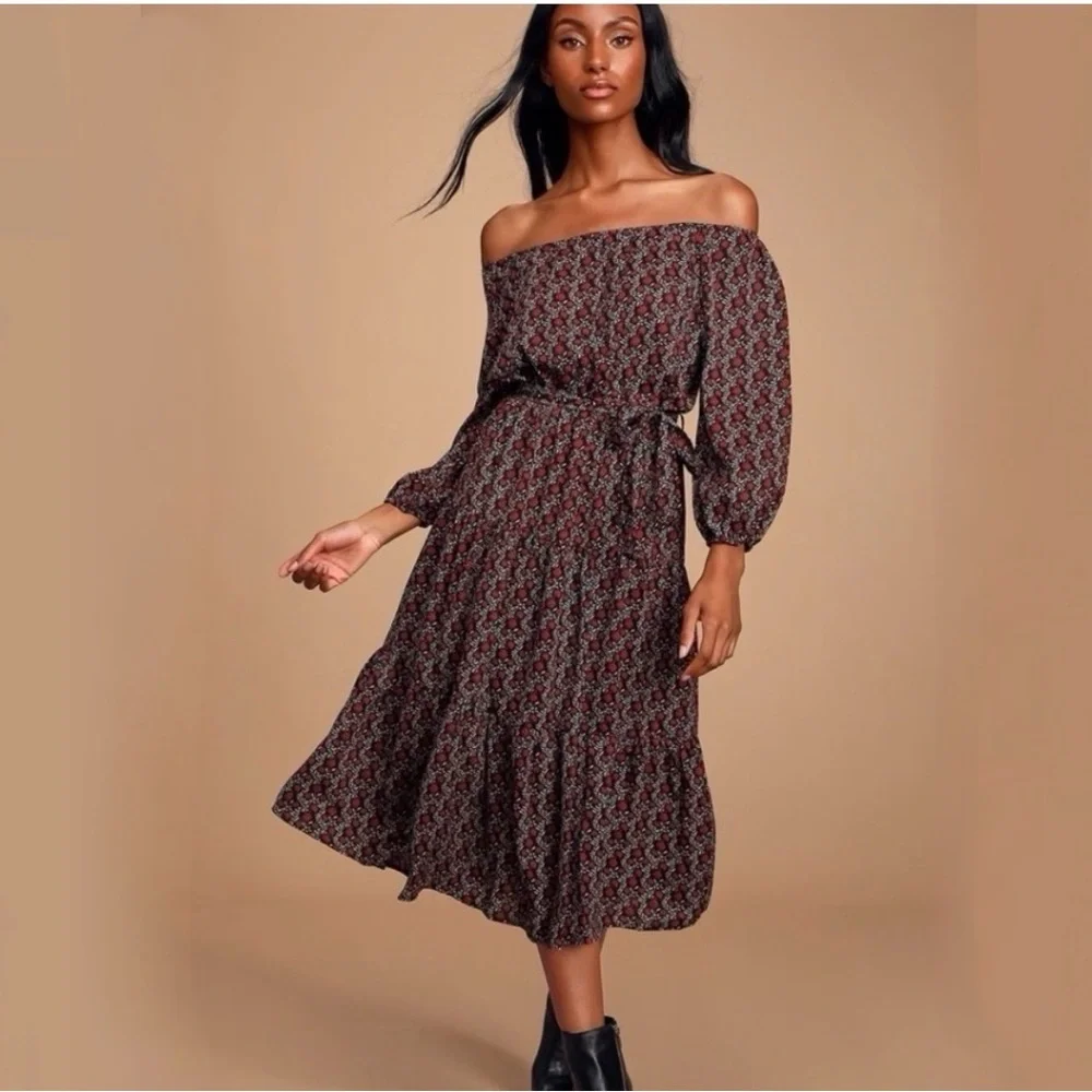 Lulus Off Shoulder Floral Midi Dress Boho Cottagecore Long Sleeve S - Picture 3 of 17